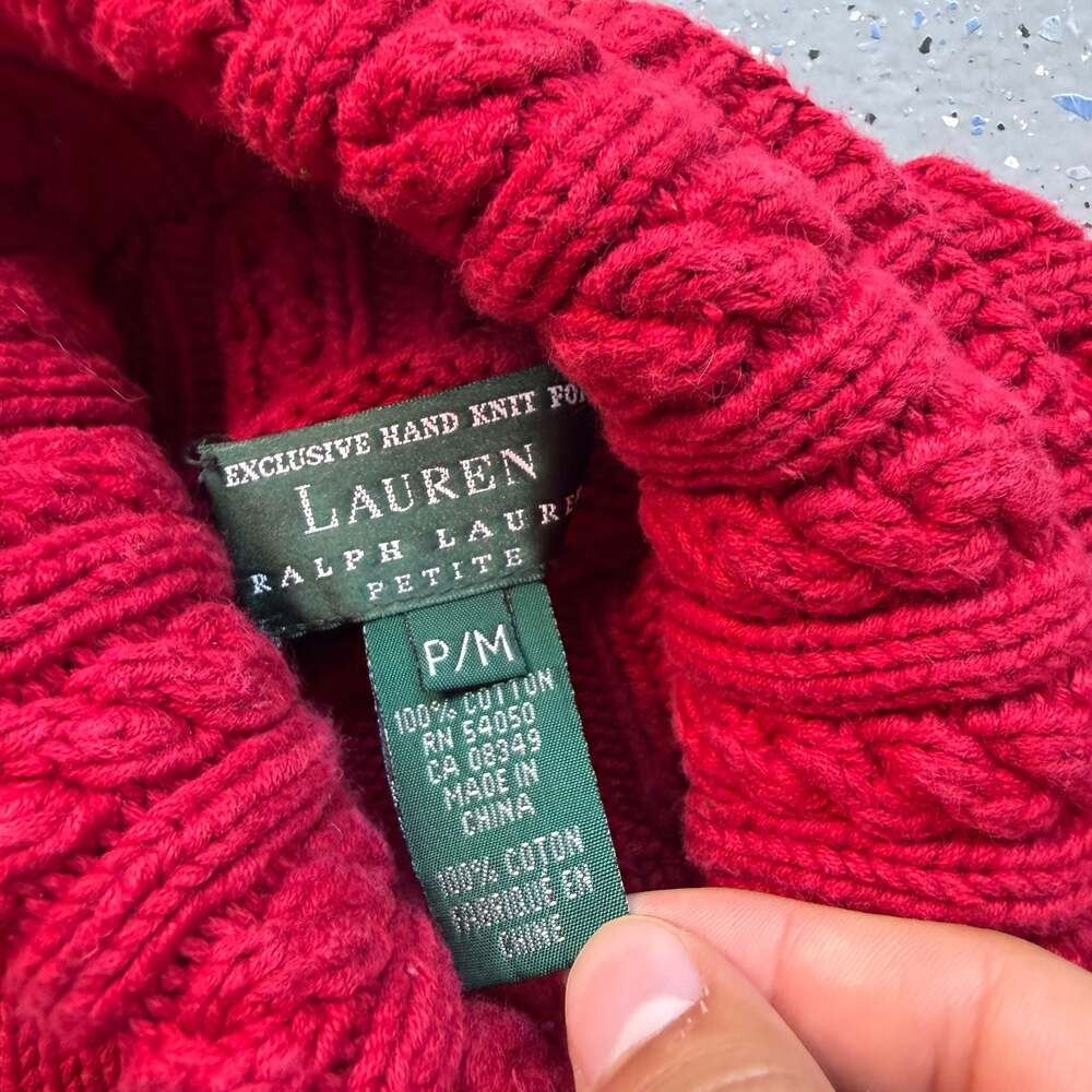Lauren Ralph Lauren Hand Knit Cotton Berry Red Snowflake Turtleneck Sweater - Picture 7 of 7